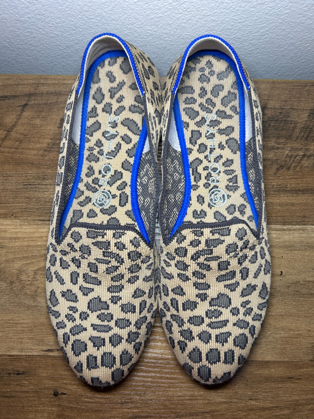 Rothy's Leopard Print Slip-On Flats with Bright Blue Trim